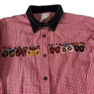 Vintage Shirt Womens 14/16 Velvet Collar Gingham Mittens Christmas Holiday